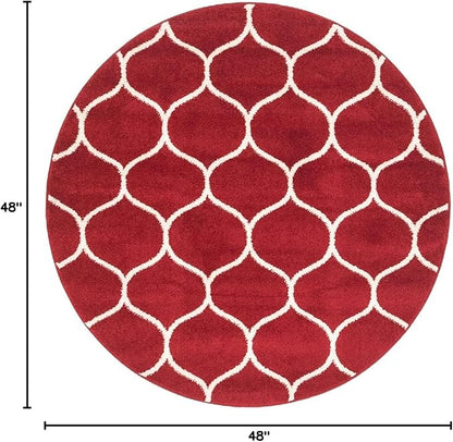 Rugs.com Lattice Frieze Collection Rug – 4' Round Red Medium Rug Perfect for Kitchens, Dining Rooms