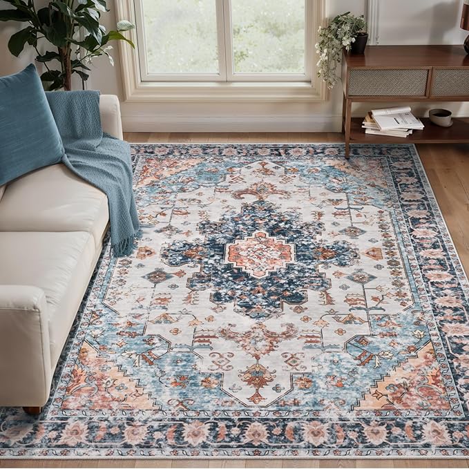 Tangsoo 4x6 Area Rug for Living Room, Washable Vintage Indoor, Distressed Blue/Beige Carpet for Bedroom, Non Slip Dining Room, Soft Low Pile Rugs Foldable for Dorm Bedside Bathroom