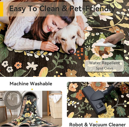 Floral 2x3 Area Rug Machine Washable Soft Print Boho Carpet Non Slip Doormat Low Pile Flower Area Rugs for Living Room Bedroom Nursery Kitchen Dining Room Indoor-Black/Yellow/Red