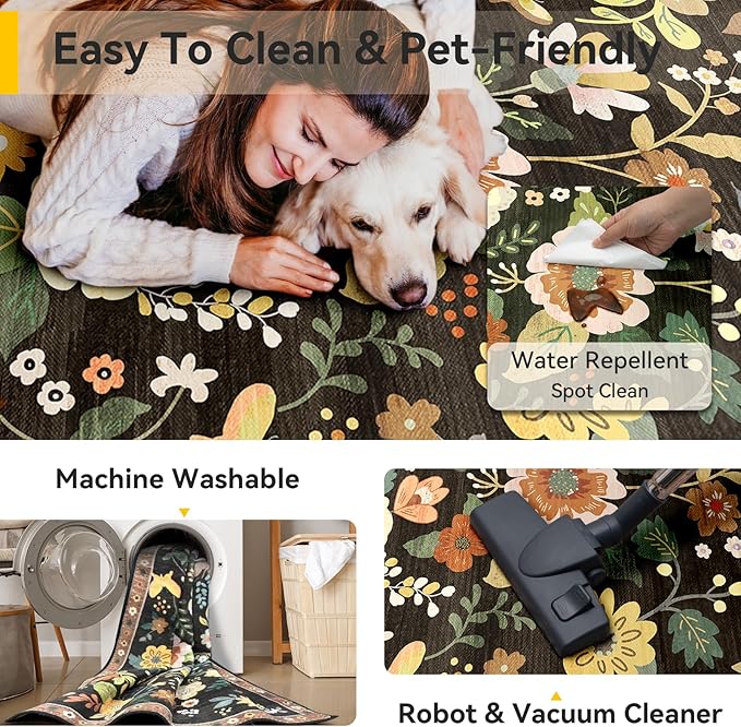 Floral 8x10 Area Rug Machine Washable Soft Print Boho Carpet Non Slip Doormat Low Pile Flower Area Rugs for Living Room Bedroom Nursery Kitchen Dining Room Indoor-Black/Yellow/Red