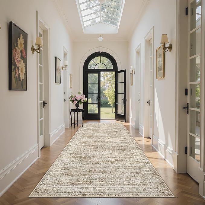 Runner Rug 2'x10' Washable Non-Slip Runner Rugs for Kitchen Bathroom Laundry Room Brown Vintage Floor Carpet Runners for Hallway Entryway