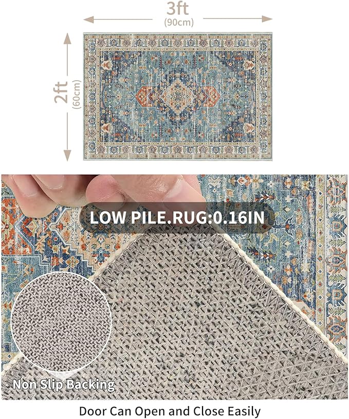 Enkor Area Soft Rugs 2x3 Washable Non Slip Boho Small Floor Entryway Rugs for Living Room Bedroom, Vintage Style Farmhouse Mat for Kitchen Green & Blue