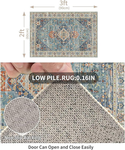 Enkor Area Soft Rugs 2x3 Washable Non Slip Boho Small Floor Entryway Rugs for Living Room Bedroom, Vintage Style Farmhouse Mat for Kitchen Green & Blue
