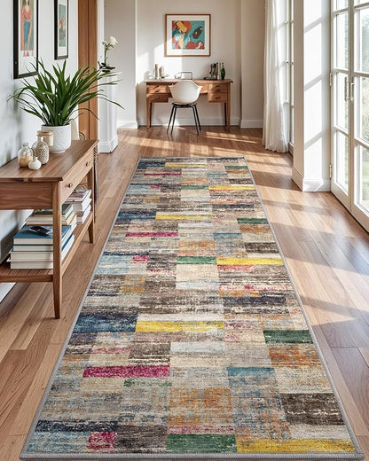 LUMI Washable Runner Rug, 3'x10' Non-Slip Hallway Mat, Low Profile Thin Long Carpeet for Laundry Kitchen Bedroom Office, Multicolor