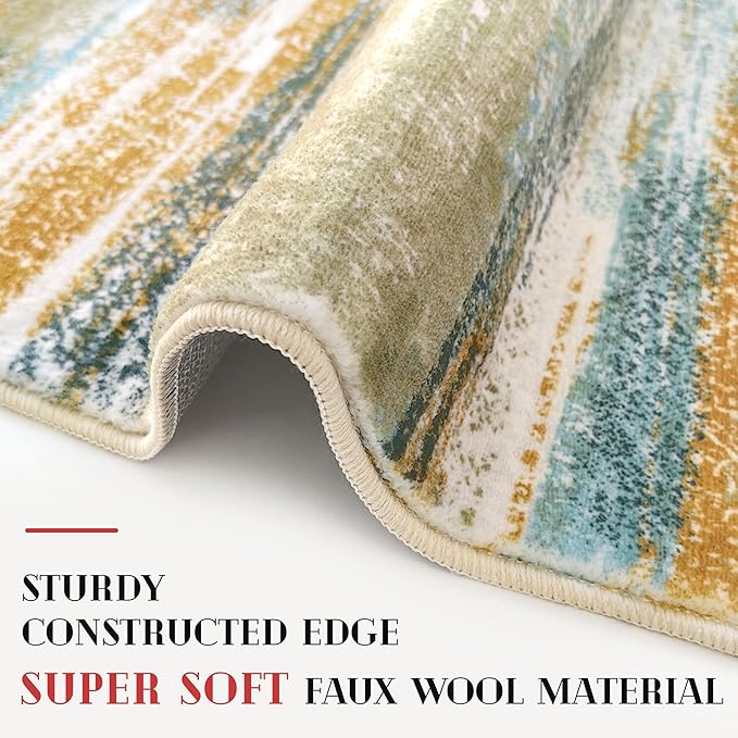 Modern Abstract Small Area Rug Indoor 3x5 Washable Rug Non-Slip Soft Entryway Rug Green Mustard Multi Kitchen Mats Thin Print Faux Wool Floor Carpet Throw Rugs for Entrance Bedroom Home Decor