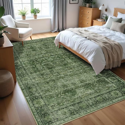 4x6 Washable Area Rug for Living Room Bedroom Dining Room Non-Slip Low Pile Boho Vintage Distressed Entryway Rug Traditional Floral Retro Accent Throw Carpet for Dining Room Bathroom Kitchen Green