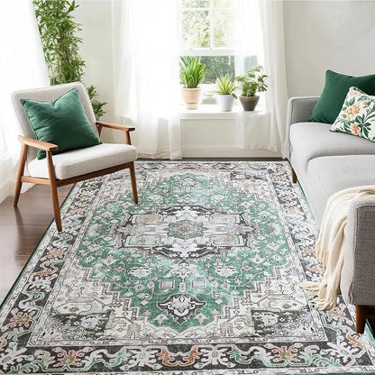 Large Area Rugs 6x9 , Washable Vintage Rugs -Low Pile, Soft Plush Rugs for Bedroom, Kitchen, Dining Room, Stain Resistance, Non Shedding & Kid & Pet Friendly, Green
