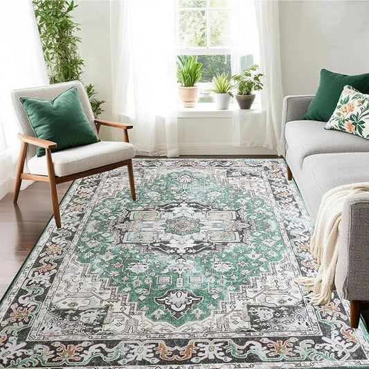Washable Area Rugs 3x5 , Low Pile Super Soft Carpet, Vitnage Distressed Rug for Bedroom, Living Room, Dining Room, Non-Slip, Low Pile, Green