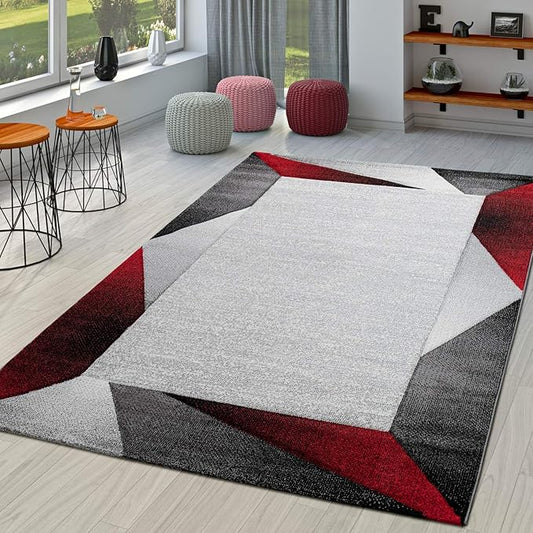 Paco Home Modern Area Rug Bordered with Geometric Pattern Red Grey with Contour Cut, Size: 6'7" x 9'6"