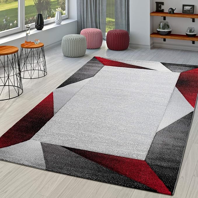 Paco Home Modern Area Rug Bordered with Geometric Pattern Red Grey with Contour Cut, Size: 2'8" x 4'11"