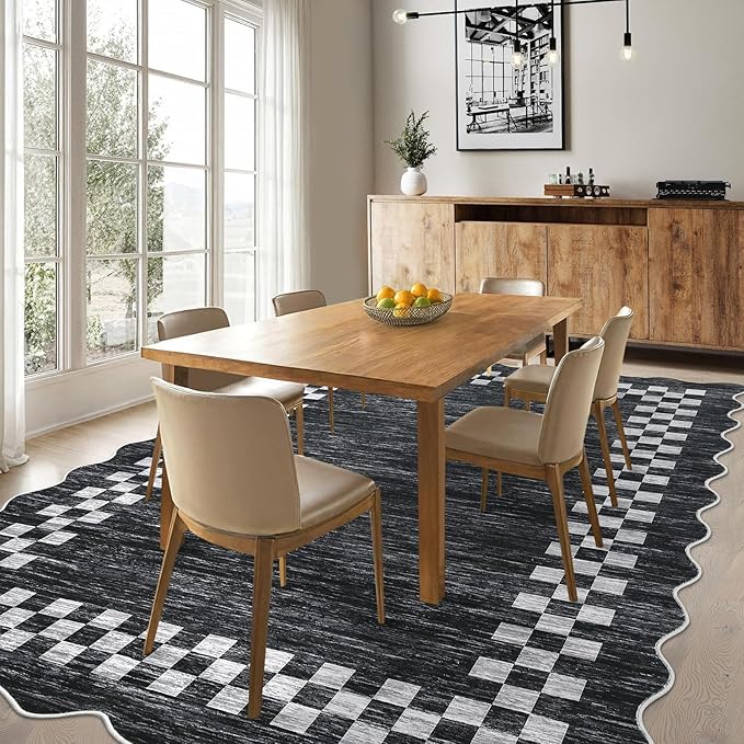 GarveeHome 4x6 Area Rug Small Washable Living Room Rug Scalloped Rug with Rubber Backing Stain Resistant Low Pile Dining Room Throw Carpet Modern Bordered Mat for Bedroom Kitchen, Grey