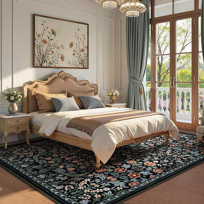Lahome Floral 8x10 Black Rugs for Living Room, Soft Washable Large Area Rug for Bedroom Dining Room, Botanical Lightweight Stain-Resistant Boho Carpet for Guestroom Indoor