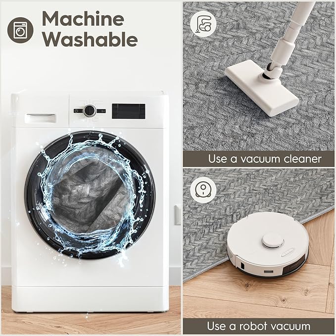 Eleisa Modern Vintage 9x12 Herringbone Chevron Area Rug, Non-Slip Stain Resistant Washable Rug, Light Grey Large Rug for Living Room, Farmhouse Carpet for Bedroom, Kitchen, Dining Room, Home Office