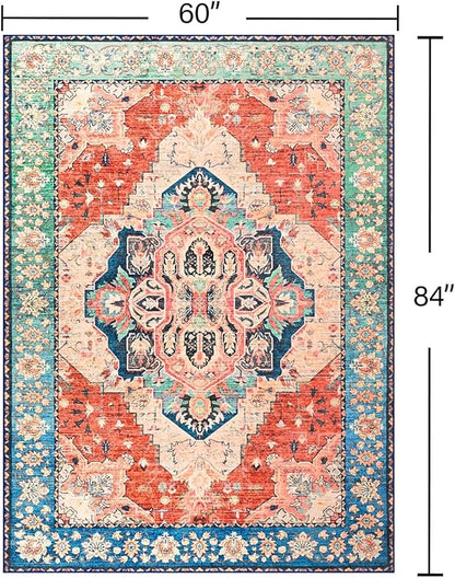 YJ.GWL Area Rugs for Living Room 5x7 Machine Washable Rugs, Non Slip Floral Vintage Rug Indoor Carpet, Stain Resistant Large Rug for Bedroom Dining Room, Red Blue Gradient Color