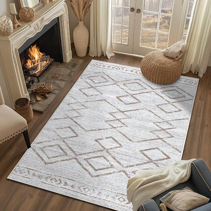 jinchan 3x5 Area Rugs for Entryway - Machine Washable Modern Rug Kitchen Soft Faux Wool Stain Resistant Non-Slip Ultra-Thin Low-Pile Geometric Carpet for Entrance Bedroom Living Room (3x5ft, Taupe)