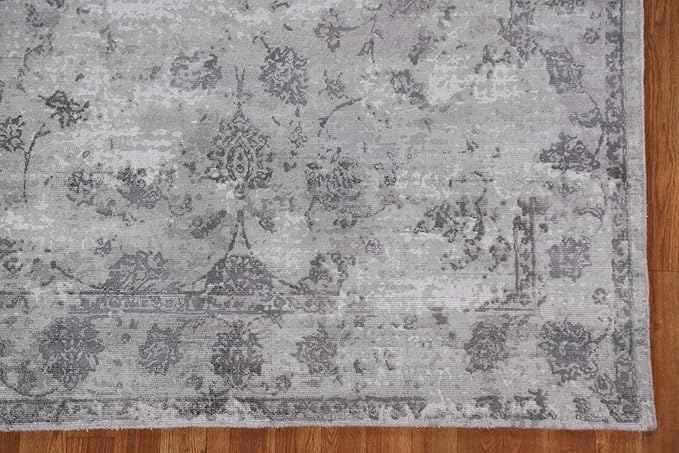 Rug Source Modern Collection, 5x8 Abstract Rug, Hand Knotted Greys & Charcoal Floral Rug, Oriental 100% Silk Carpet for Foyer, Entryway and Hallway