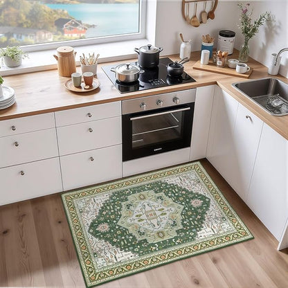 2x3 Green White Small Area Rug for Entryway, Soft Washable Rugs with Non-Slip Backing for Bedroom Kitchen, Vintage Throw Carpet Laundry Entry Front Door Decor