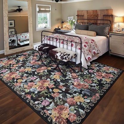 8x10 Machine Washable Area Rug for Living Room, Black Vintage Boho Floral Rug Large Non-Slip Low Pile Soft Faux Wool Carpet, Kids and Pets Friendly for Bedroom Dining Room Farmhouse Home Decor Rug