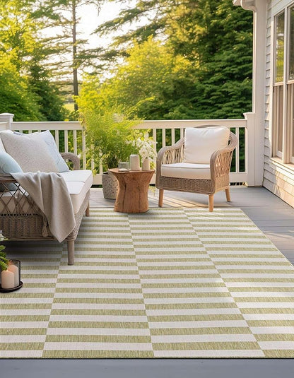 Unique Loom Outdoor Striped Collection Area Rug - Striped (7' 10" Square Green/Ivory)