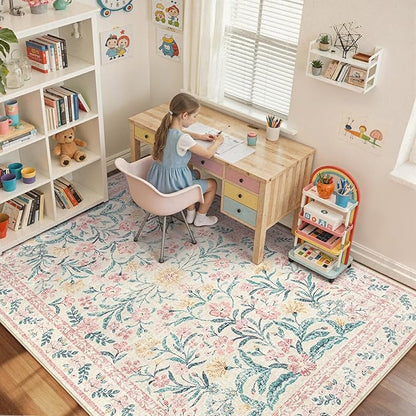 Wonnitar Washable Area Rug 6x9, Pink Floral Rugs for Bedroom Girls Soft Living Room Carpet Ultra-Thin, Boho Non Slip Non-Shedding Pastel Nursery Carpet for Kids Room Playroom Dorm