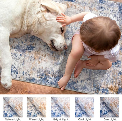 Modern Abstract Runner Rug 2x5, Grey Blue Orange Multi Washable Kitchen Runner Entryway Rug Mat Non-Slip Soft Hallway Rug Runner Thin Print Faux Wool Carpet for Bedroom Laundry Room Indoor
