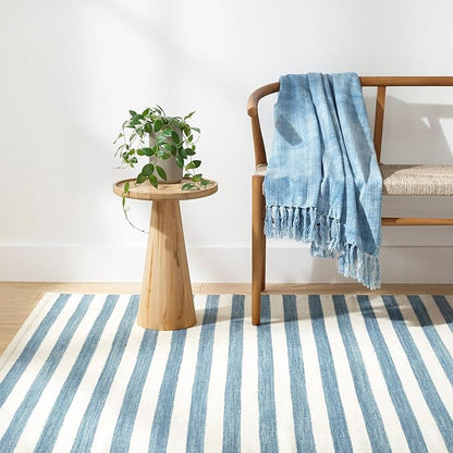 Home Conservatory Ladder Stripe Blue/Ivory Handwoven Wool 5 X 8 Feet, Blue/Ivory Stripe Pattern