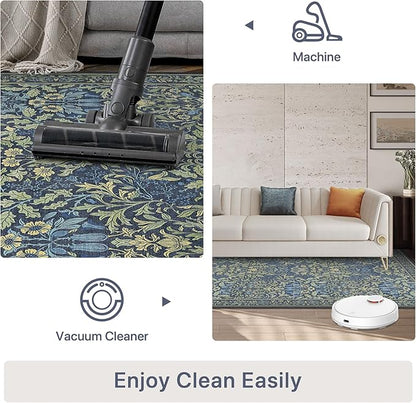Bavni Floral Dark Blue Area Rugs 6x9, Vintage Boho Carpet Machine Washable, Non Slip Soft Low Pile Thin Rug for Bedroom, Living Room, Dining Room, Nursery