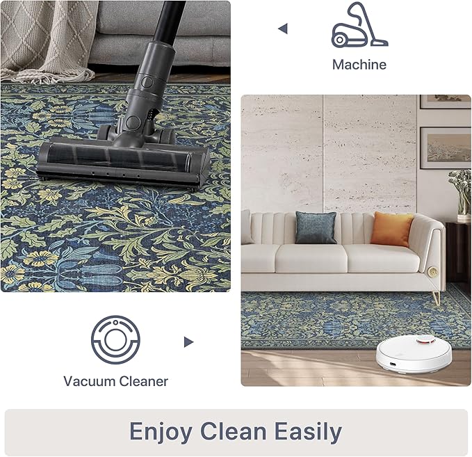 Bavni Floral Dark Blue Area Rugs 8x10, Vintage Boho Carpet Machine Washable, Non Slip Soft Low Pile Thin Rug for Bedroom, Living Room, Dining Room, Nursery