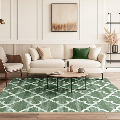 Area Rug 4x6, Moroccan Trellis Print Carpet, Machine Washable Non-Slip Rugs for Living Room, Bedroom, Dining Room & Entryway, Green
