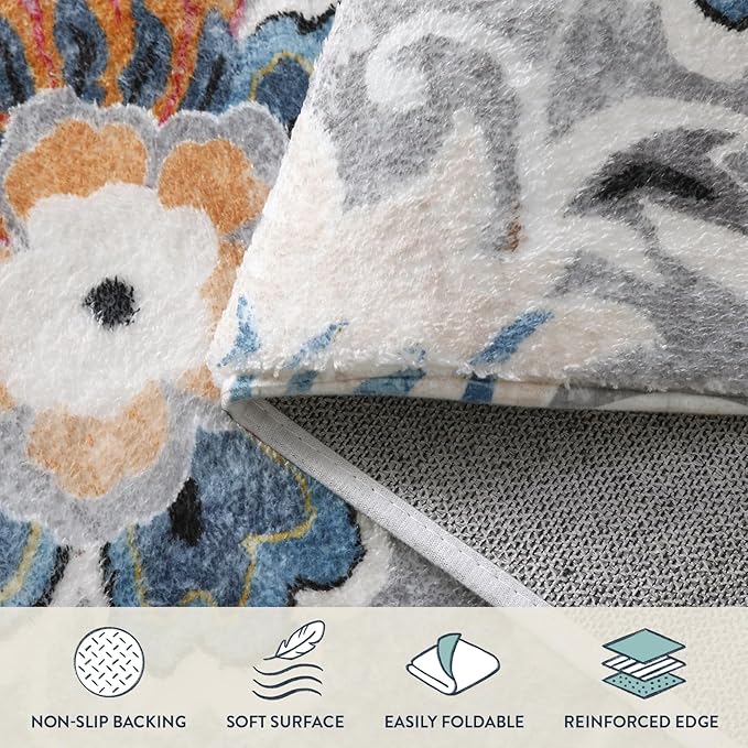 Lahome Floral Indoor Rugs for Entryway - 2x3 Washable Non-Slip Soft Bathroom Rug, Throw Small Area Rug for Bedroom Non-Shedding Grey Paisley Print Doormat Capet for Kitchen Sink Laundry Room Bedside