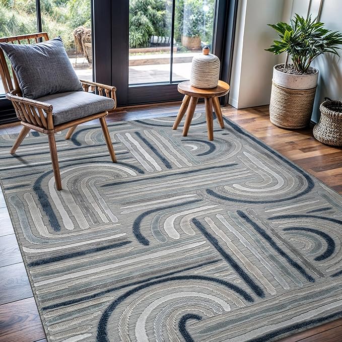 CAMILSON Indoor Outdoor Rug, Blue 10x14 Geometric Arch Striped Large Area Rugs for Patio and Home Areas, Easy-Cleaning Non-Shedding Living Room, Garden and Deck Washable Outside Carpet (10 x 14)