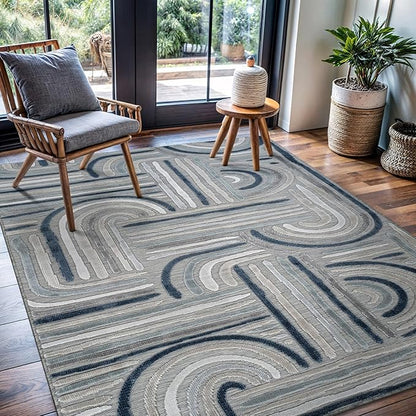 CAMILSON Indoor Outdoor Rug, Blue 10x14 Geometric Arch Striped Large Area Rugs for Patio and Home Areas, Easy-Cleaning Non-Shedding Living Room, Garden and Deck Washable Outside Carpet (10 x 14)