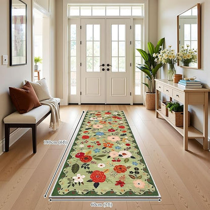 U'Artlines 2'x6' Boho Runner Rug for Hallways Kitchen Colorful Floral Soft Non Slip Washable Floor Carpet Runners for Entryway Laundry Room Bathroom Green