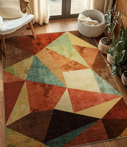 YIHOUSE Brown Area Rug 5x7,Geometric Burnt Orange Area Rug Non Slip,Farmhouse Rugs Washable,Vintage Burgundy Carpets for Bedroom, Boho Rug for Kitchen,Dining Room