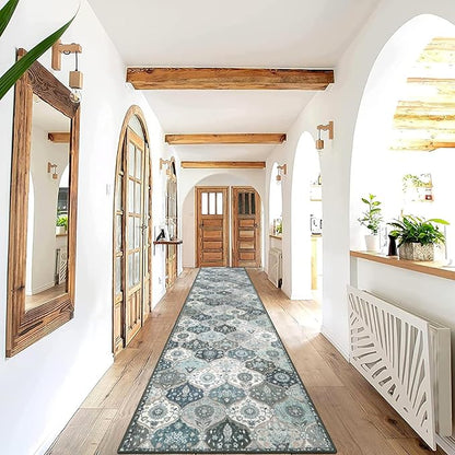Lahome Moroccan Hallway Runner Rug Non Slip, 2x10 Washable Runner Rugs for Hallway 2x10 Vintage Ultra-Thin Throw Long Carpet for Kitchen Entryway Bedroom Laundry Room, Blue