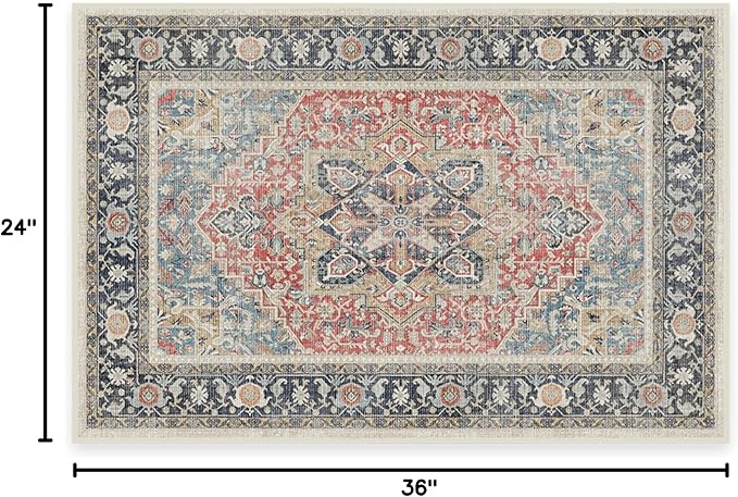 RUGGABLE Washable Vintage Area Rug – Kamran Cayenne Red 2x3, Stain-Resistant, Non-Slip – Small Machine Washable Rugs for Living Room, Bedroom, Hallway, Entryway & Bathroom–with Standard Pad