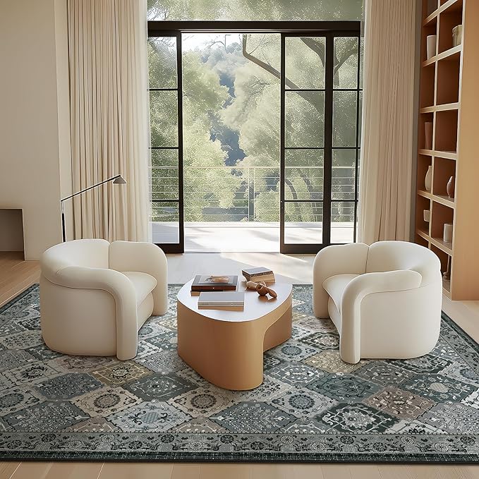 Phantoscope Washable Area Rug 4'x6' Non-Slip, Vintage Boho Rugs for Living Room, Bedroom, Dining Room, Distressed Moroccan Mosaic Diamond Pattern, Low-Pile Foldable Floor Carpet, Grey Charcoal