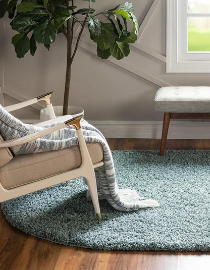 Unique Loom Solid Shag Collection Area Rug (7' 10" x 10' Oval, Light Slate Blue)
