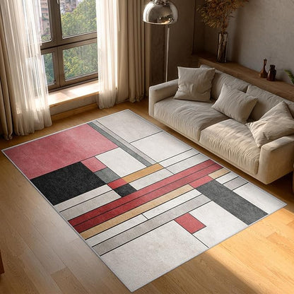 6x9 Abstract Geometric Rugs for Bedroom Decor, Washable Black White Red Geometry Pattern Area Rug, Living Room Home Decoration, Non Slip Soft Thin, Minimalist Modern Decor Carpet PF-P 49