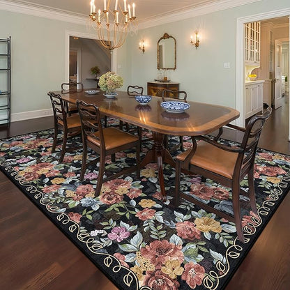 8x10 Machine Washable Area Rug for Living Room, Black Vintage Boho Floral Rug Large Non-Slip Low Pile Soft Faux Wool Carpet, Kids and Pets Friendly for Bedroom Dining Room Farmhouse Home Decor Rug