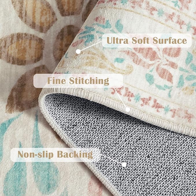 jinchan Spring Floral 2x3 Rugs for Entryway - Vintage Washable Area Rug Ultra-Thin Low Pile Soft Small Non Slip Distressed Indoor Doormat Accent for Entrance Kitchen Bedroom (2x3ft, Apricot Multi)