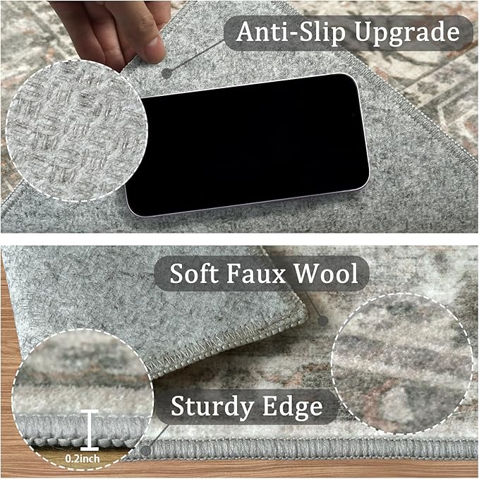 4x6 Machine Washable Area Rug for Living Room, Grey Rusty Boho Vintage Floral Rug Large Non-Slip Low Pile Soft Faux Wool Carpet, Kids and Pets Friendly for Bedroom Dining Room Farmhouse Decor Rug