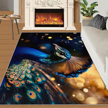 Peacock Area Rug 5x6-5x6 Rug, Wonderful Peacock Rugs for Living Room, Teal Turquoise Carpet, Peafowl Feather Washable Area Rugs for Bedroom, Aesthetics Carpet - Peafowl Home Decor & Gifts