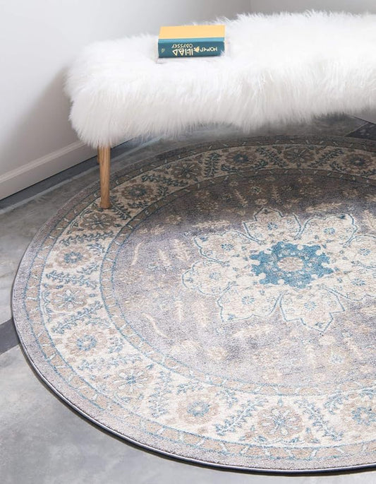 Unique Loom Salzburg Collection Classic Traditional Design Oriental Inspired Border Area Rug (8' 0 x 8' 0 Round, Gray/Beige)
