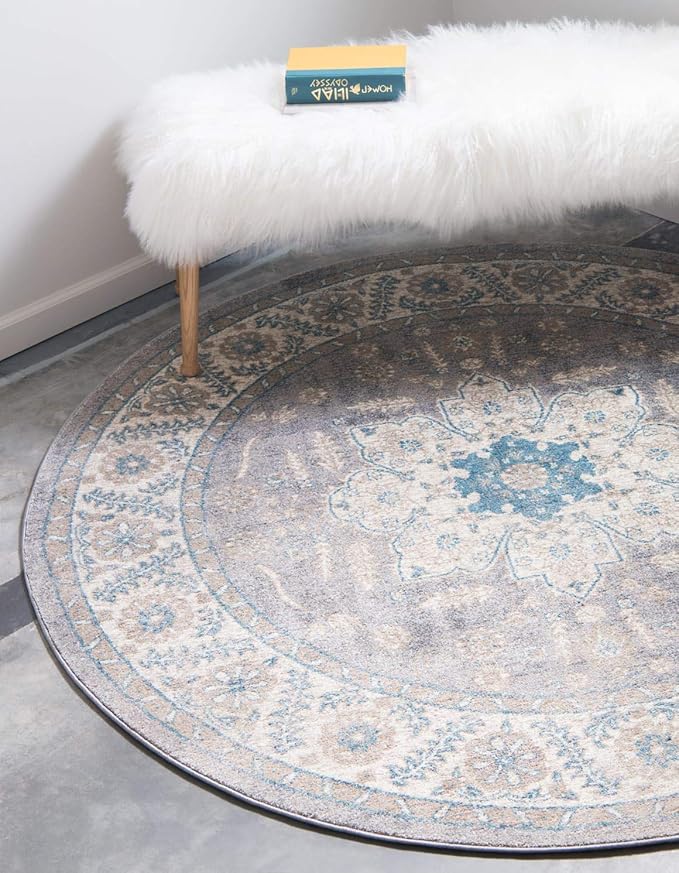 Unique Loom Salzburg Collection Classic Traditional Design Oriental Inspired Border Area Rug (7' 3 x 7' 3 Round, Gray/Beige)