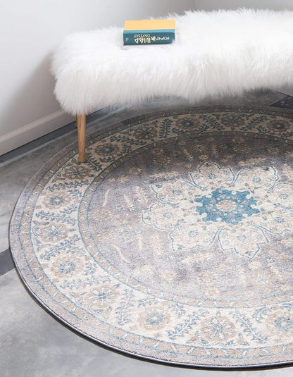 Unique Loom Salzburg Collection Classic Traditional Design Oriental Inspired Border Area Rug (5' 0 x 5' 0 Round, Gray/Beige)