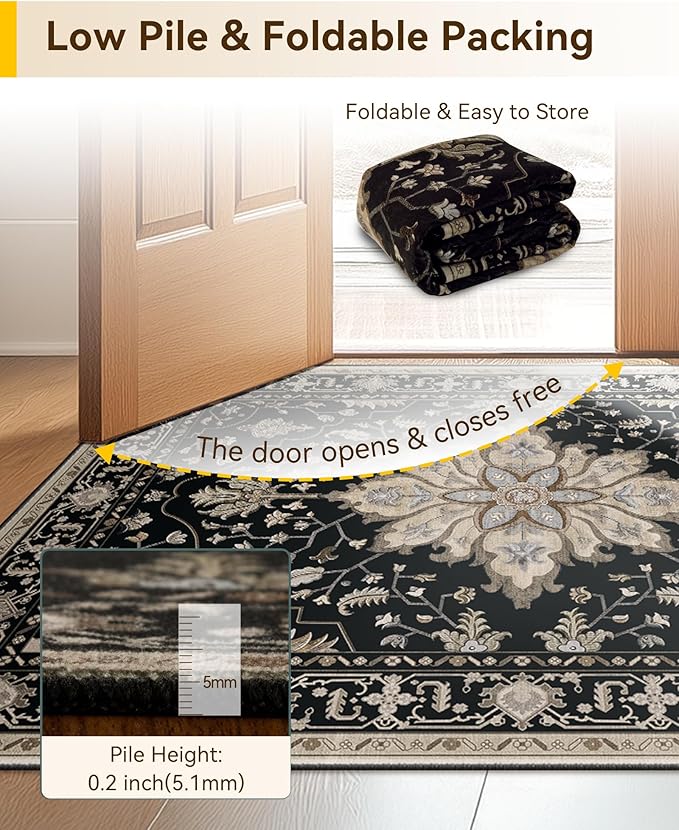 Area Rugs Square 6ft Washable Non-Slip, Floral Vintage Distress Print Pattern Medallion Carpet for Living Room Bedroom Dining Room, Black Brown Neutral Dark Tan
