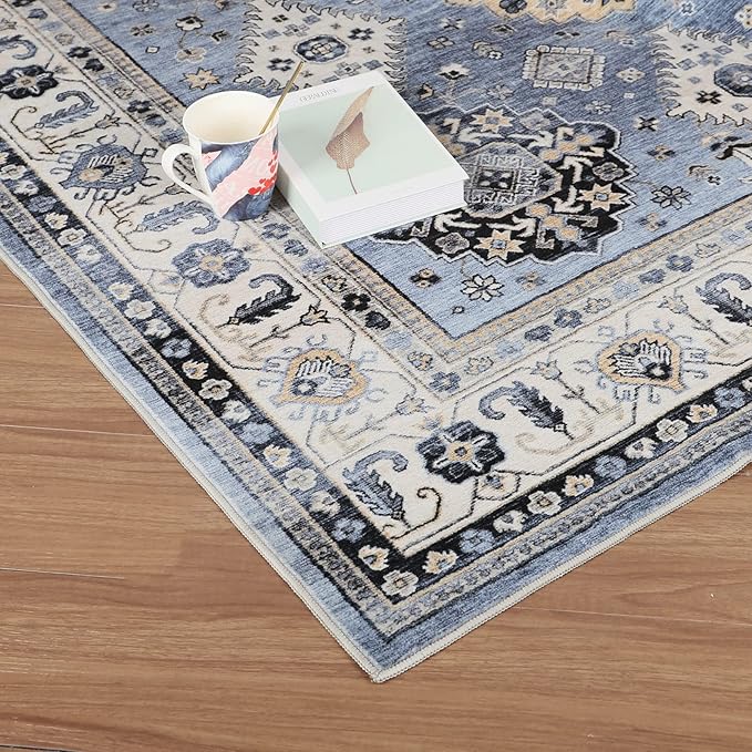 Dripex Washable Area Rug 6x9 Living Room Rug Stain & Water Resistant Foldable Thin Vintage Rugs Faux Wool Floor Carpet for Bedroom Dining Room Kitchen Bathroom Farmhouse Office