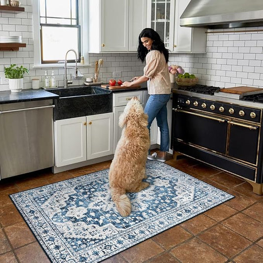 Moynesa Ultra-Thin Washable Area Rug - 3x5 Blue Kitchen Rugs Washable Rugs for Entryway Non Slip Front Door Mat, Non Shedding Low Pile Lightweight Indoor Carpet for Dorm Basement Foyer Living Room