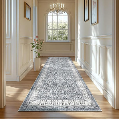 jinchan Hallway Runner Rug 3x8 - Machine Washable Grey Vintage Floral Distressed Design Soft Non-Slip Low-Pile Ultra-Thin Runner Rug for Kitchen Laundry Room Bedroom Farmhouse (3‘x8', Grey)